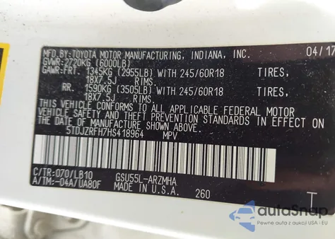 2017 Toyota Highlander Xle z USA, uszkodzony, nr VIN 5TDJZRFH7HS418964